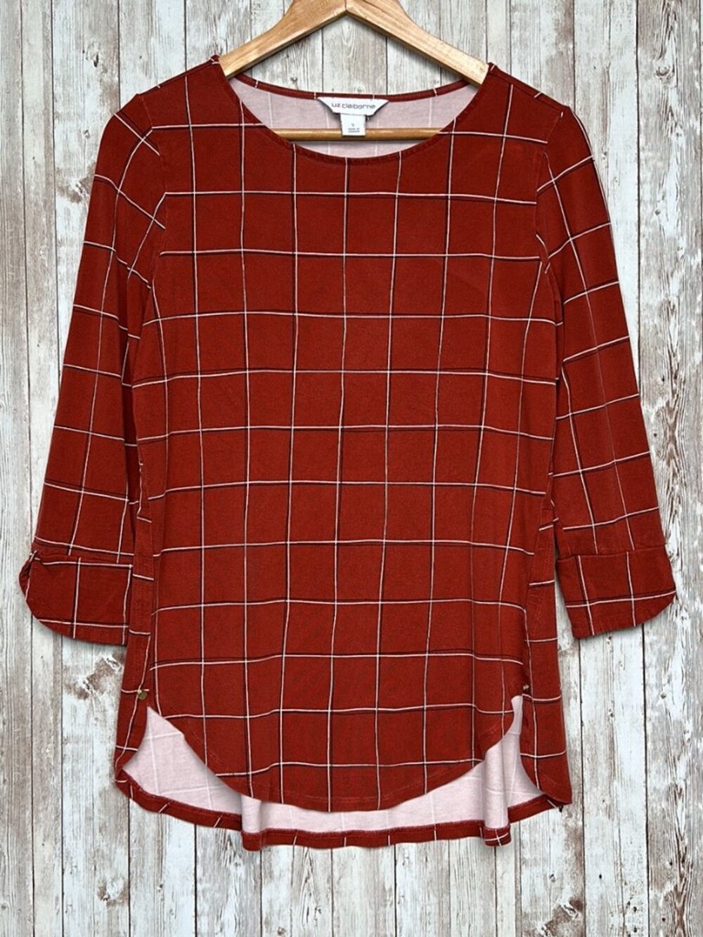 Liz Claiborne Shirt sz Small 3/4 Sleeve Terracotta Window Pane Square Top Womens